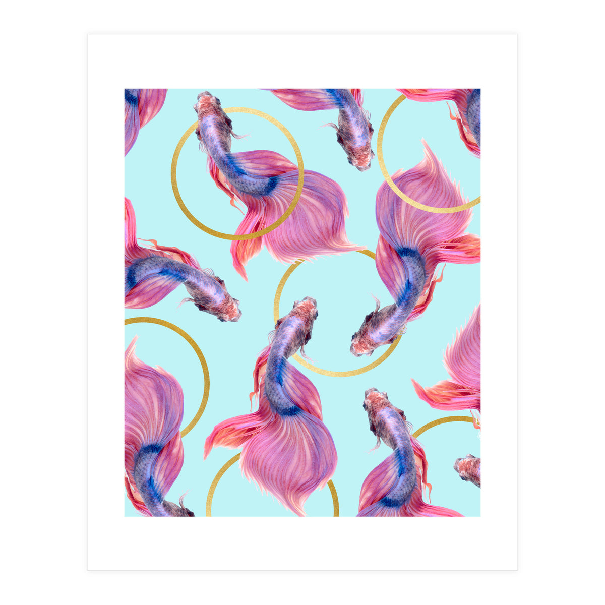 HullaHoops, Eclectic Colorful Fish Graphic Design, Animals Gold Rings Surrealism Quirky (Print Only)