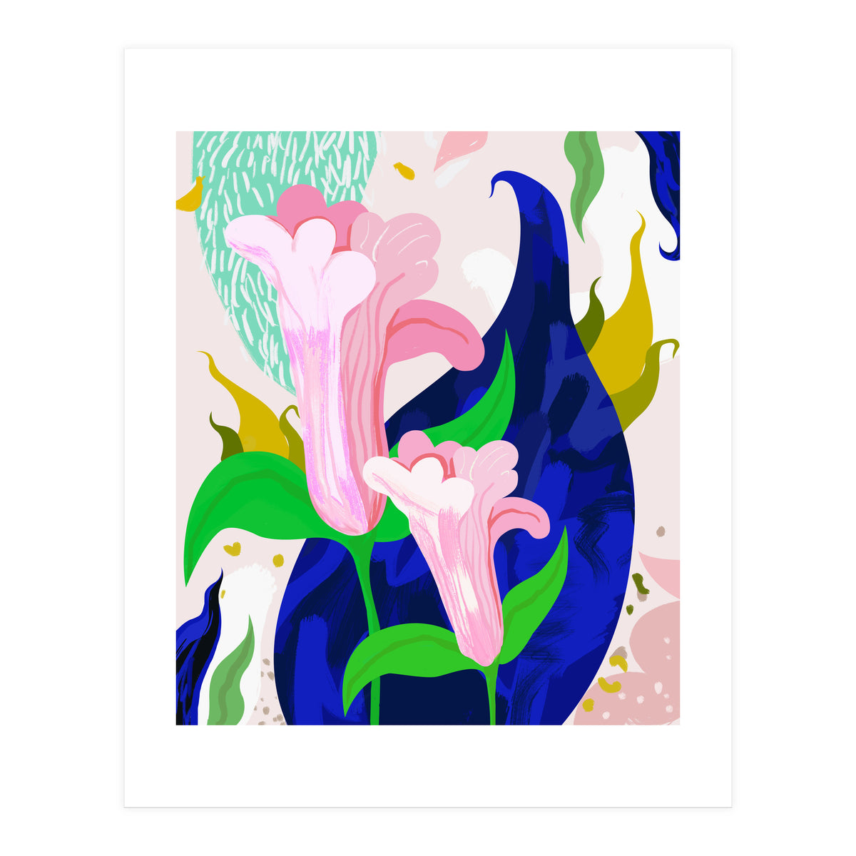 Blue Leaf | Abstract Botanical Floral Painting | Eclectic Pop of Color Nature | Jungle Plants (Print Only)