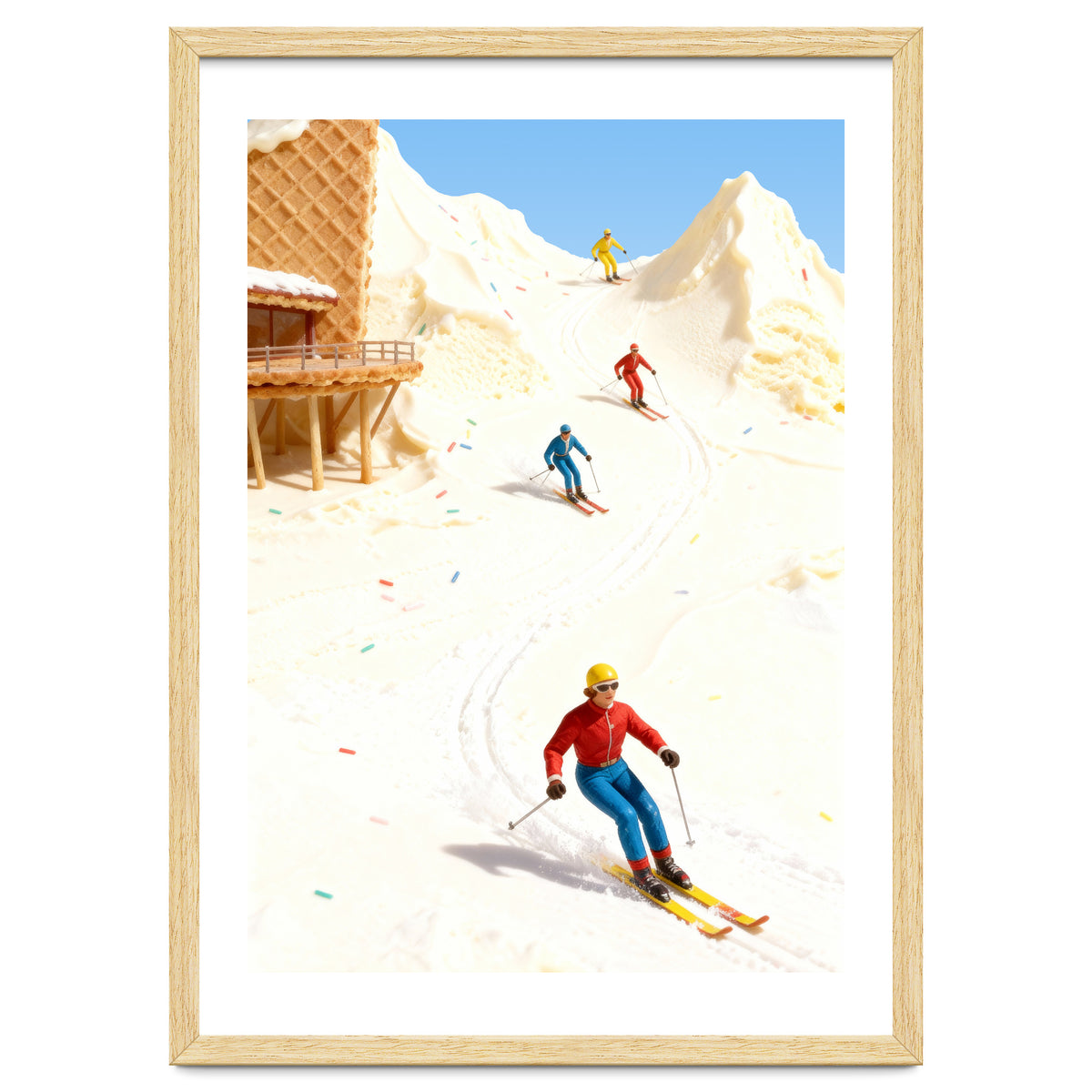 Skiing on Ice Cream Mountains, Miniature Skiers Winter Art Print for Kitchen Decor
