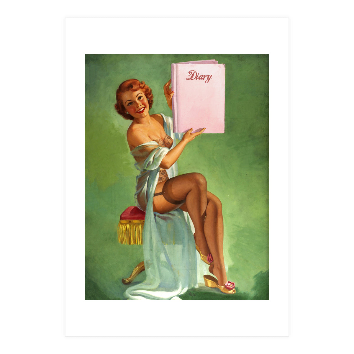 Pinup Girl Posing With Her Big Diary Book (Print Only)