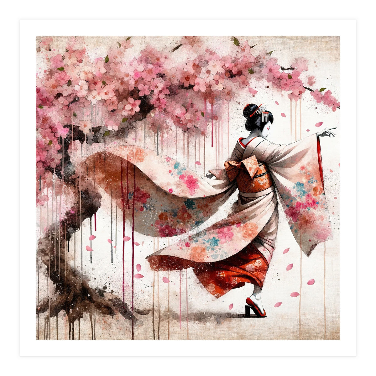 Geisha Under Cherry Blossoms In Motion (Print Only)