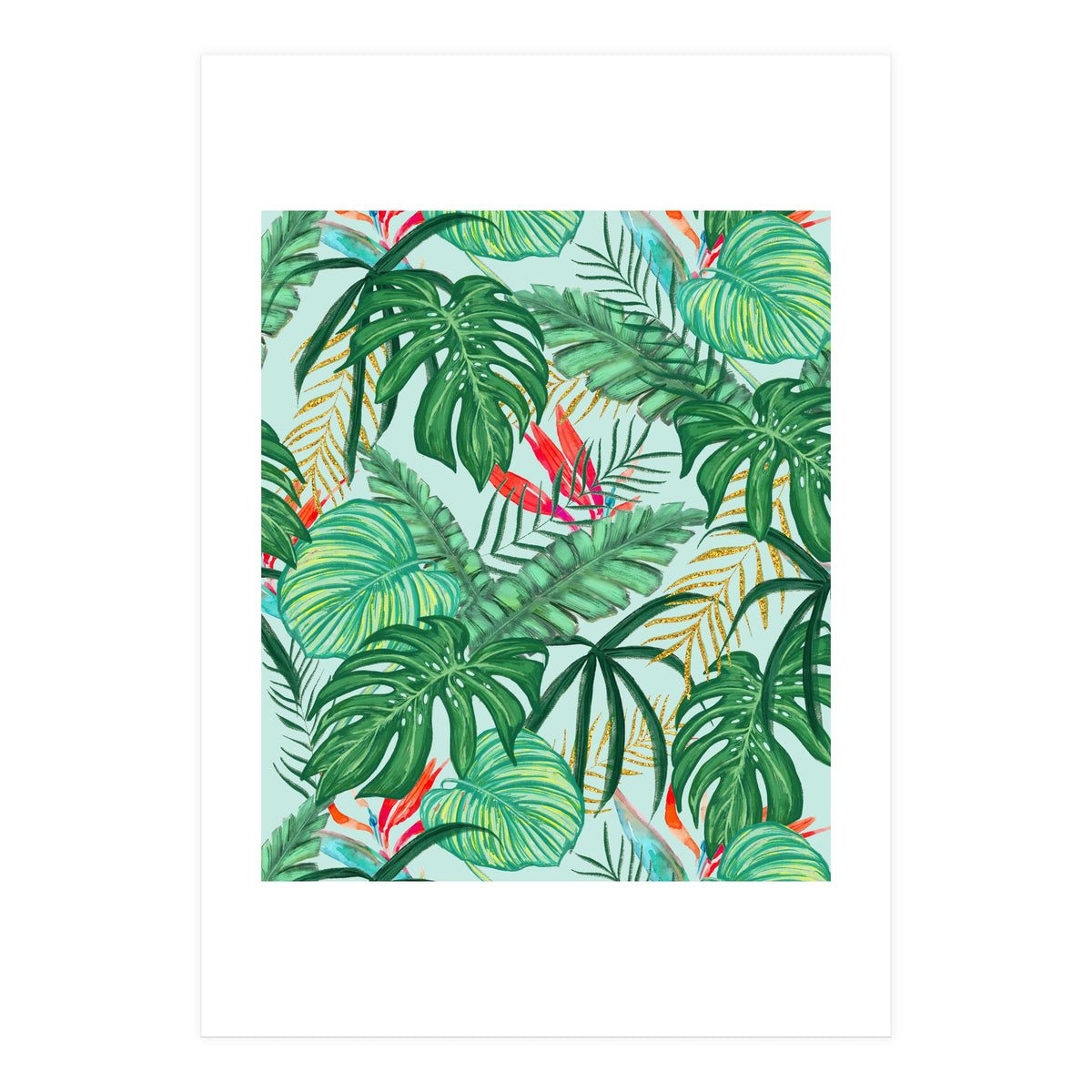 The Tropics | Jungle Botanical Bird of Paradise Illustration | Forest Palm Monstera Banana Leaves (Print Only)