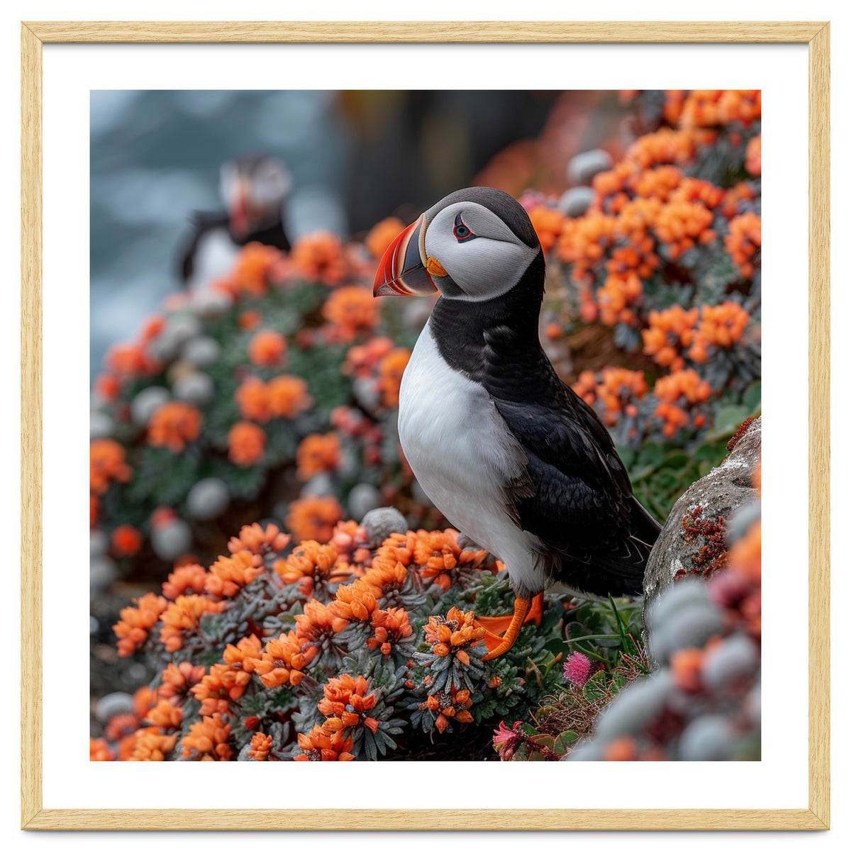 Atlantic Puffin Bird Perched On Orange Flowers