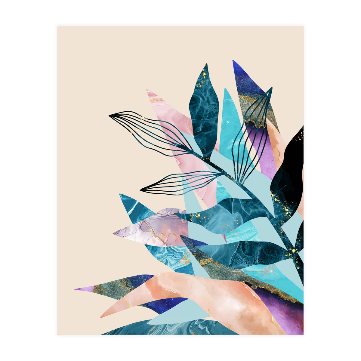 Marble Fantasy, Luxe Abstract Texture Botanical Concept, Eclectic Graphic Design Bohemian Contemporary (Print Only)