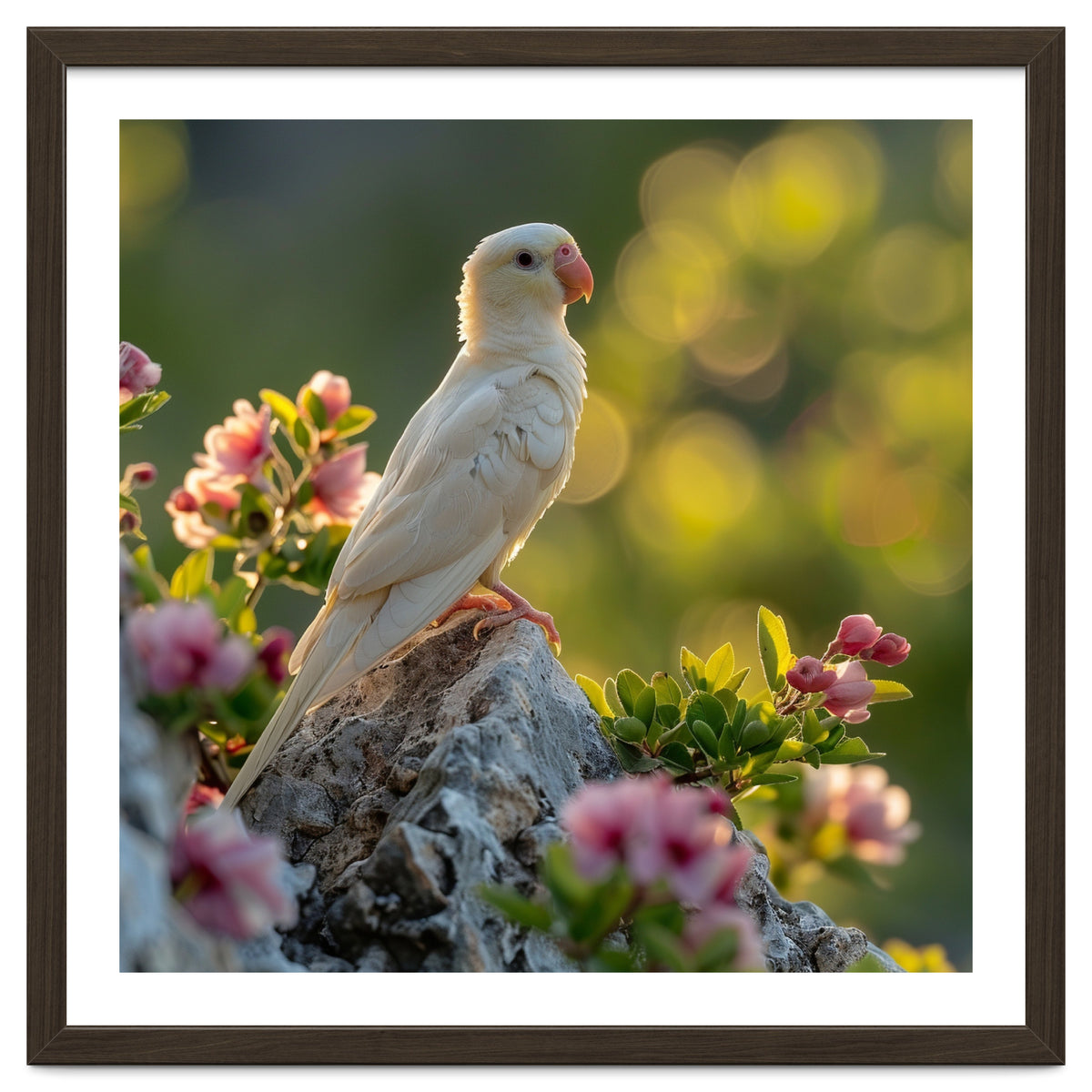 Albino Parrot Perched On A Rock Amongst Flowers