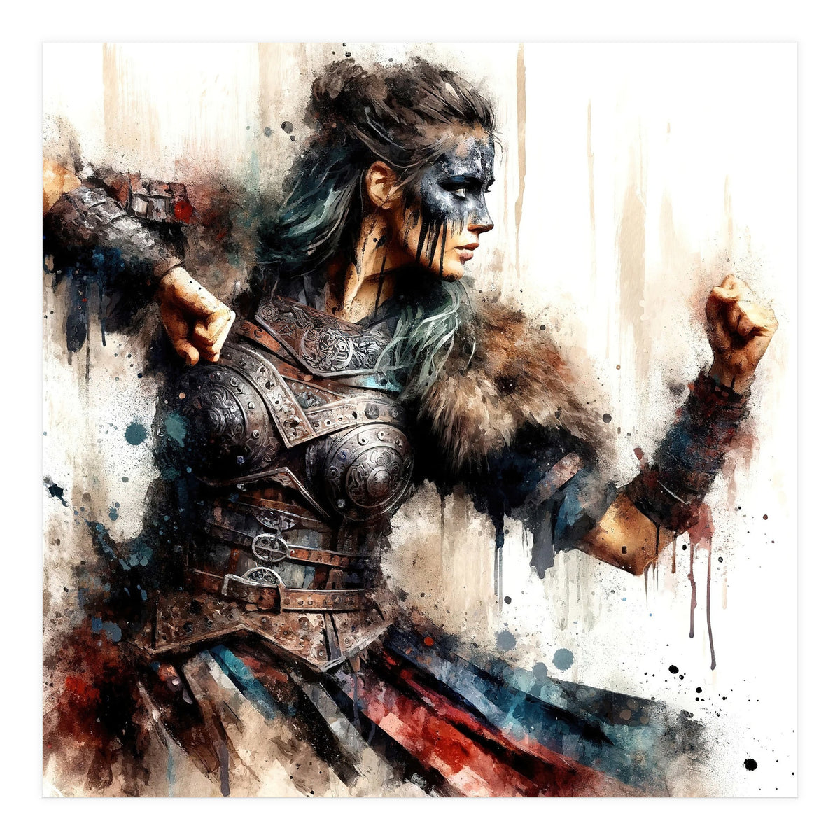 Viking Warrior Woman Watercolor Portrait (Print Only)