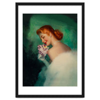 Portrait Of A Pinup Bride In White Dress And A Flower Boukuet