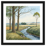 Pastoral Countryside Watercolor Painting with Winding Stream Meadows and Deciduous Trees Landscape thumbnail