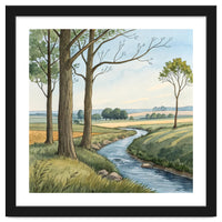 Pastoral Countryside Watercolor Painting with Winding Stream Meadows and Deciduous Trees Landscape