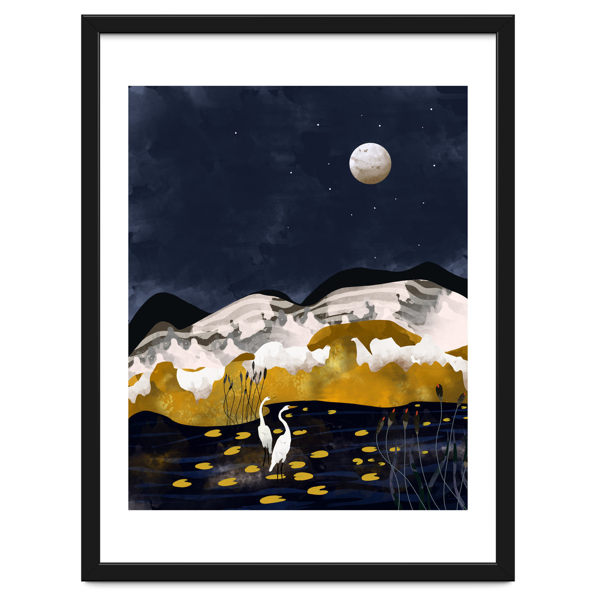 Midnight Lake, Stork Wildlife Animals Abstract Painting, Nature Landscape Travel Adventure Full Moon Night, Eclectic Gold Birds Magical Bohemian