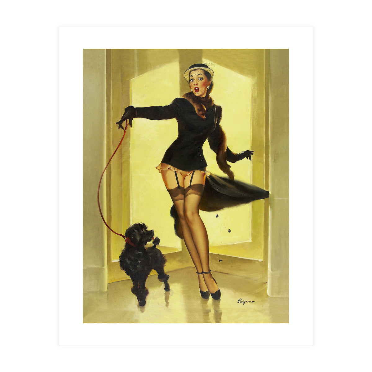 Pinup Girl In Black Dress On A Hall Experiencing Sudden Wind (Print Only)