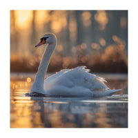 Majestic Swan Gliding On Water At Sunset (Print Only)