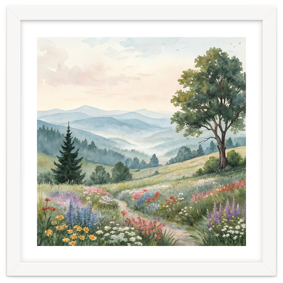 Serene Mountain Meadow Watercolor Landscape