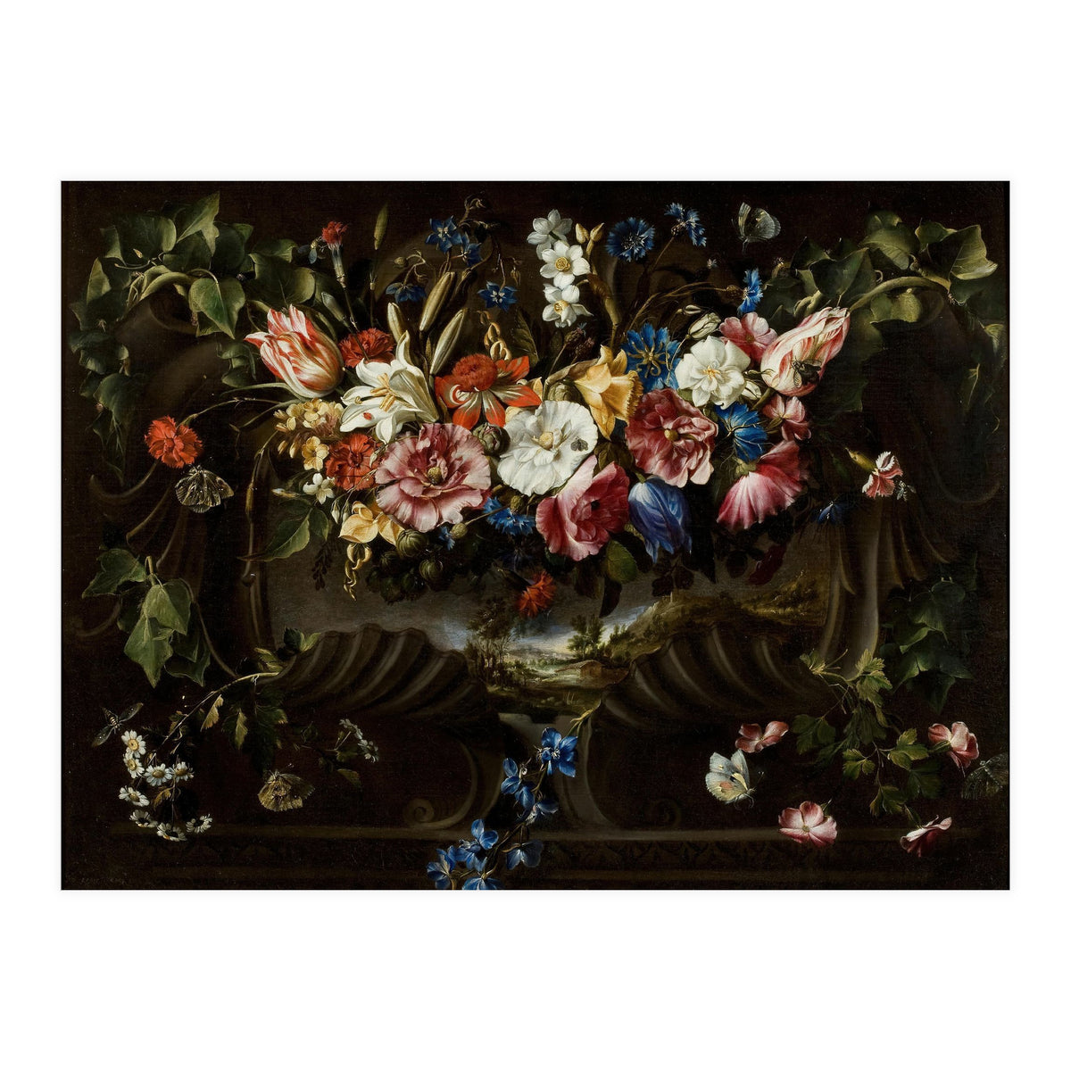 Juan de Arellano / 'Garland of Flowers with Landscape', 1652, Spanish School. (Print Only)