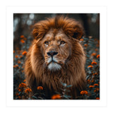 Majestic Lion Portrait In Orange Flowers (Print Only) thumbnail