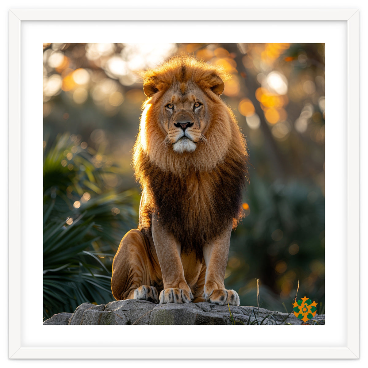 Majestic Lion Sitting On A Rock At Sunset