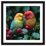 Lovebirds Perched Amidst Red Berries And Green Foliage thumbnail