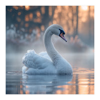 Serene White Swan Gliding On Misty Water (Print Only)