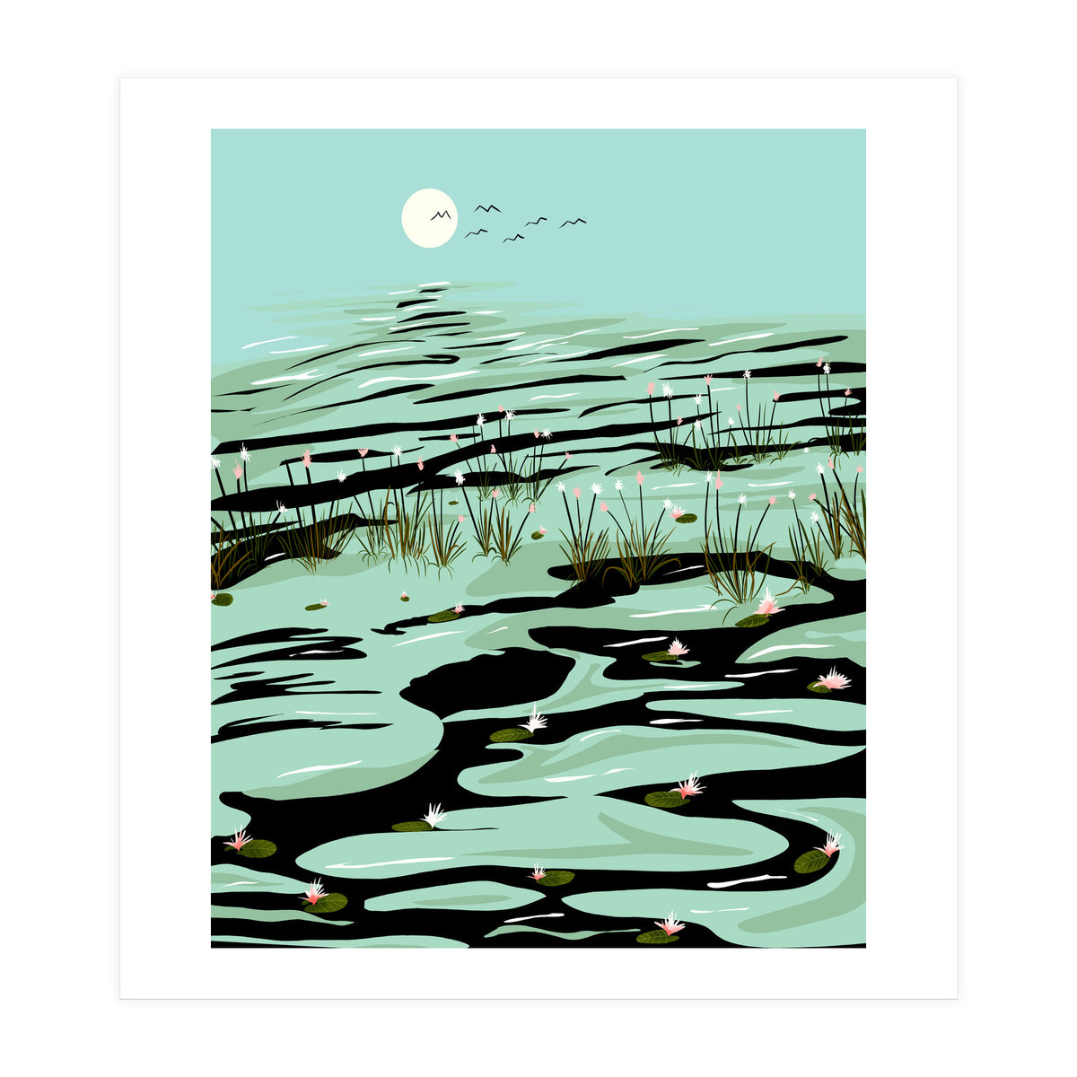 Dreamy Lake, Pastel Nature Botanical Jungle Landscape, Travel Pond Forest Plants Bohemian, Eclectic Scenic (Print Only)