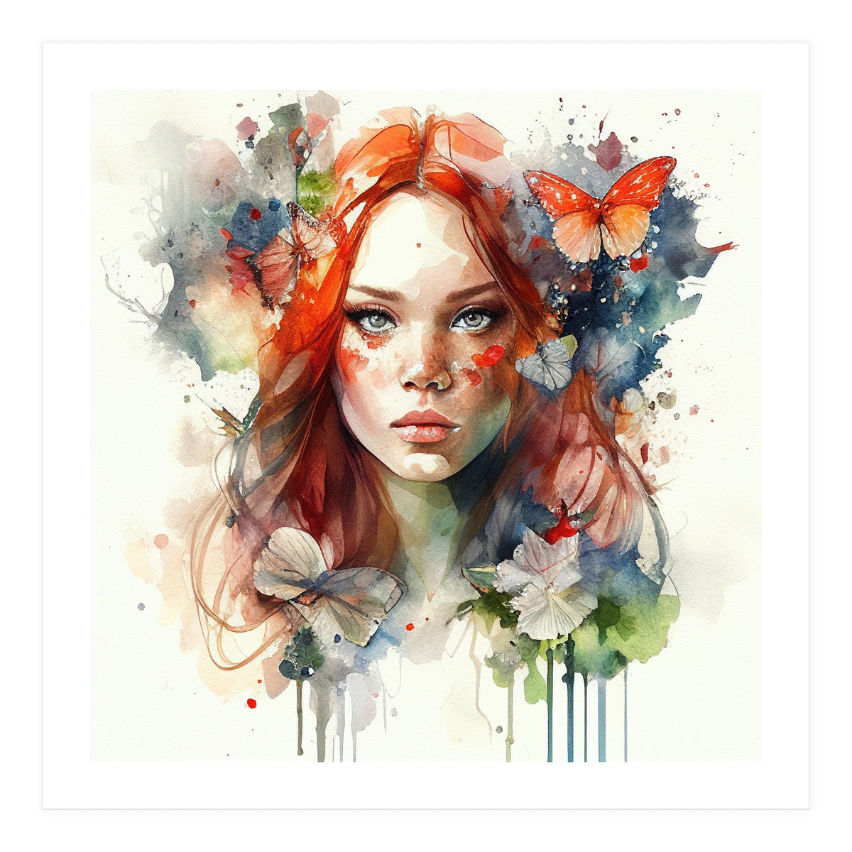 Watercolor Floral Red Hair Woman #7 (Print Only)
