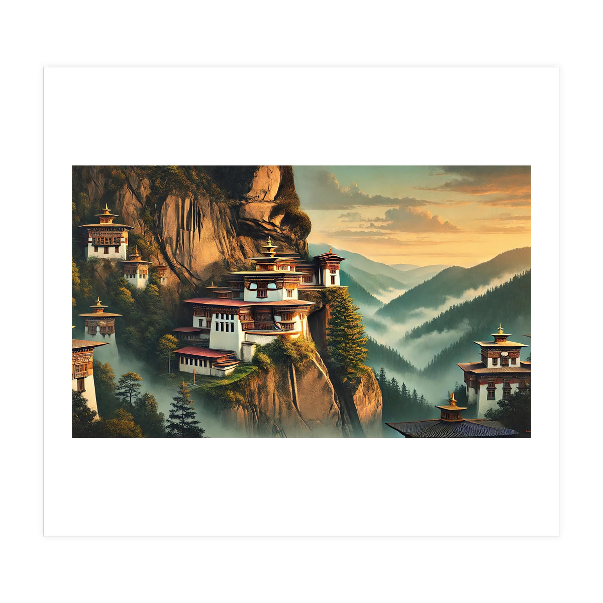Vintage Bhutan, Mountain Monasteries Poster (Print Only)
