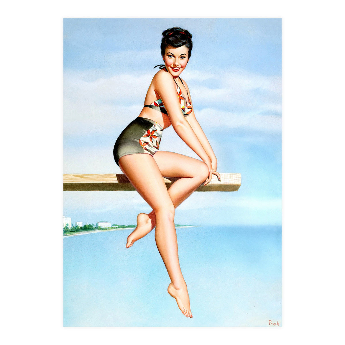 Smiling Sexy Pinup Girl Posing On A Board (Print Only)