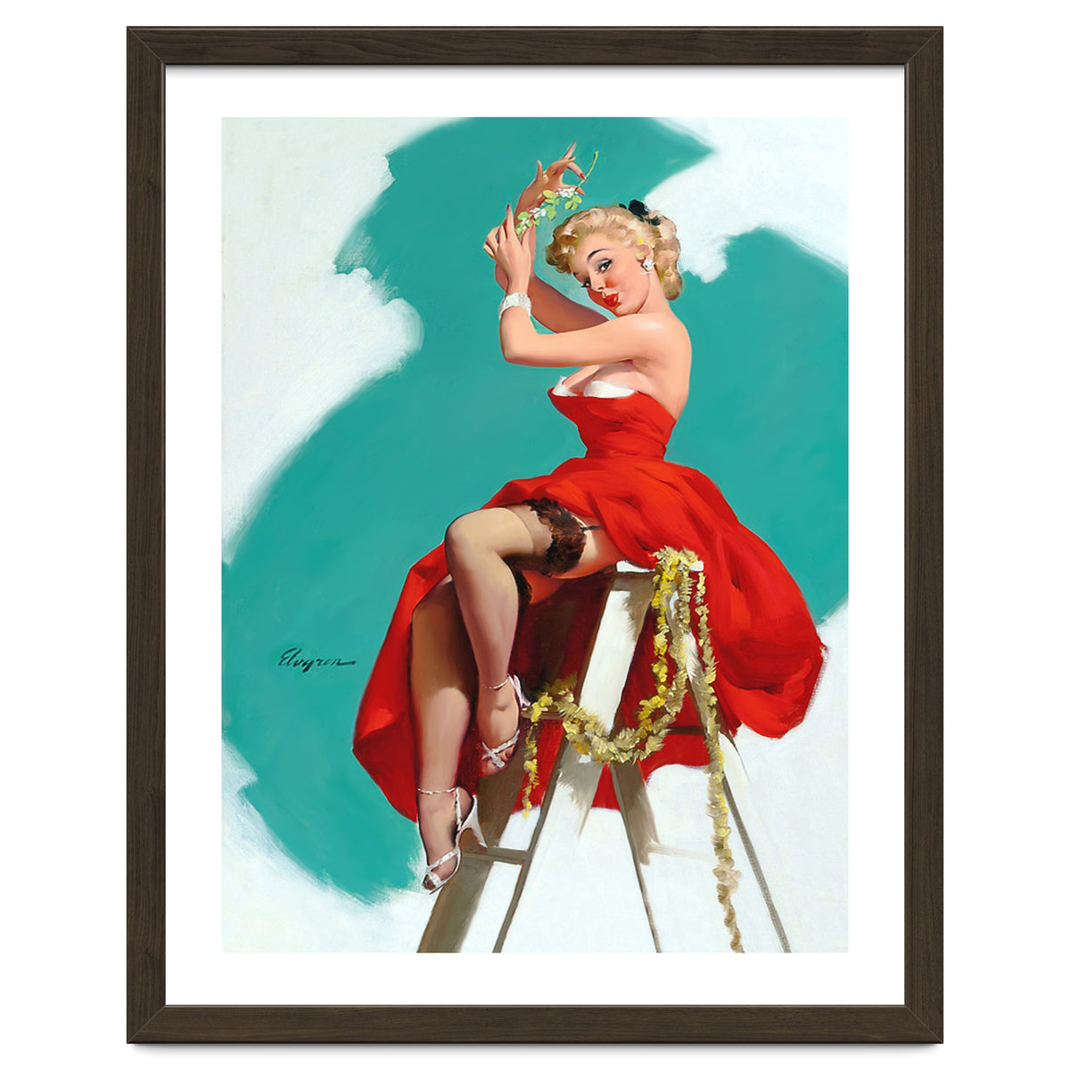 Sexy Pinup Girl In Red Dress Posing On a Ladder