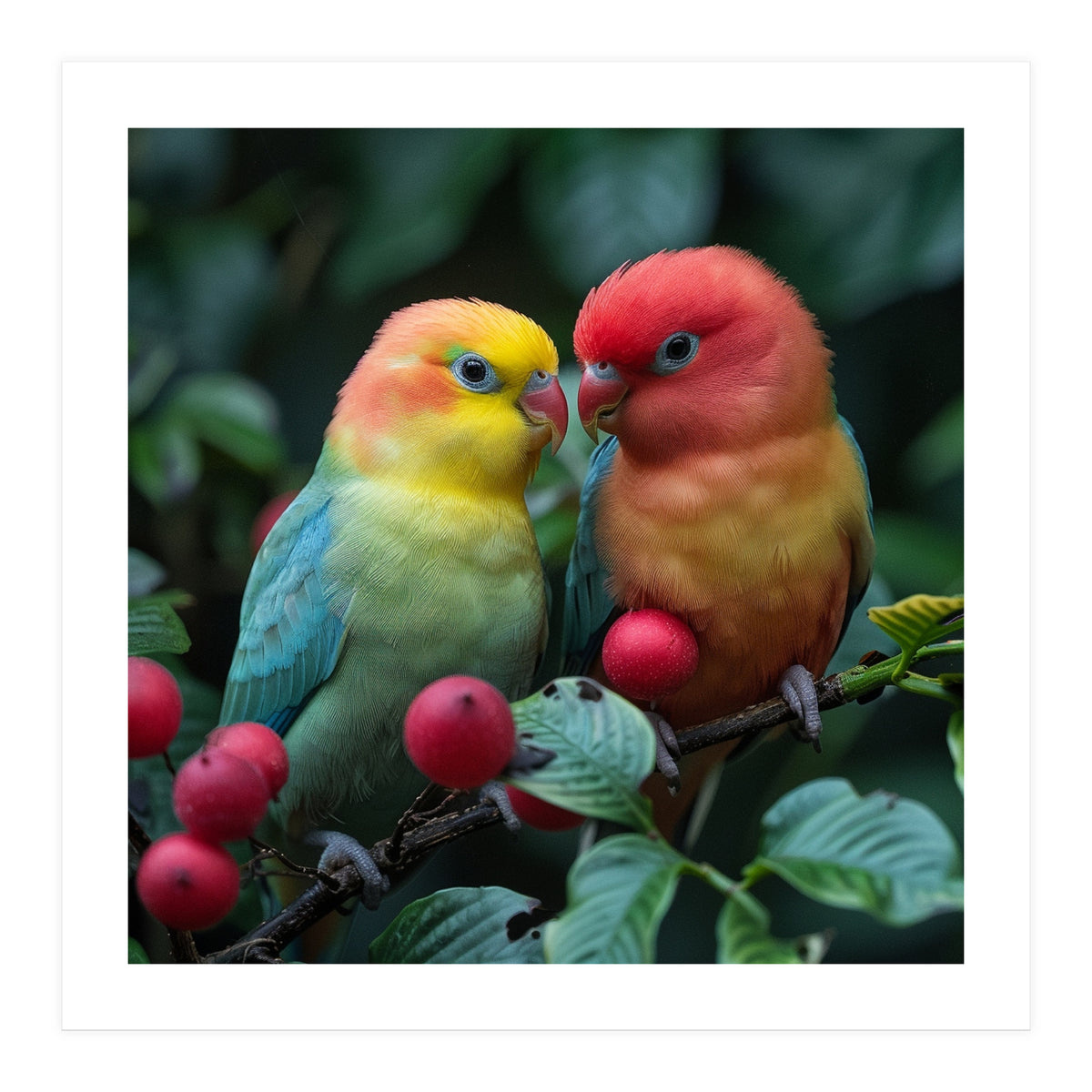 Lovebirds Perched Amidst Red Berries And Green Foliage (Print Only)