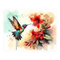 Dance Of Hummingbird And Crimson Flowers (Print Only)