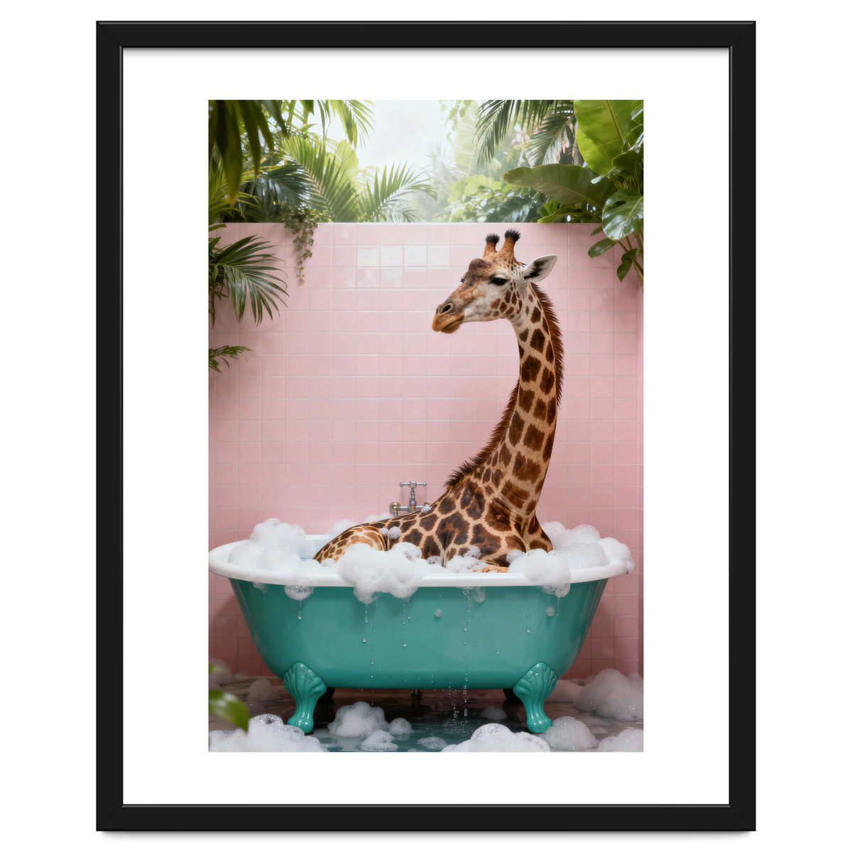 Giraffe in Bathtub, Whimsical Bathroom Art