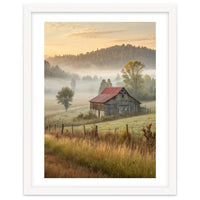 Rustic Red Roof Barn in Misty Morning Valley Landscape