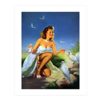 Beautiful Pinup Girl Feeding White Pigeons (Print Only)