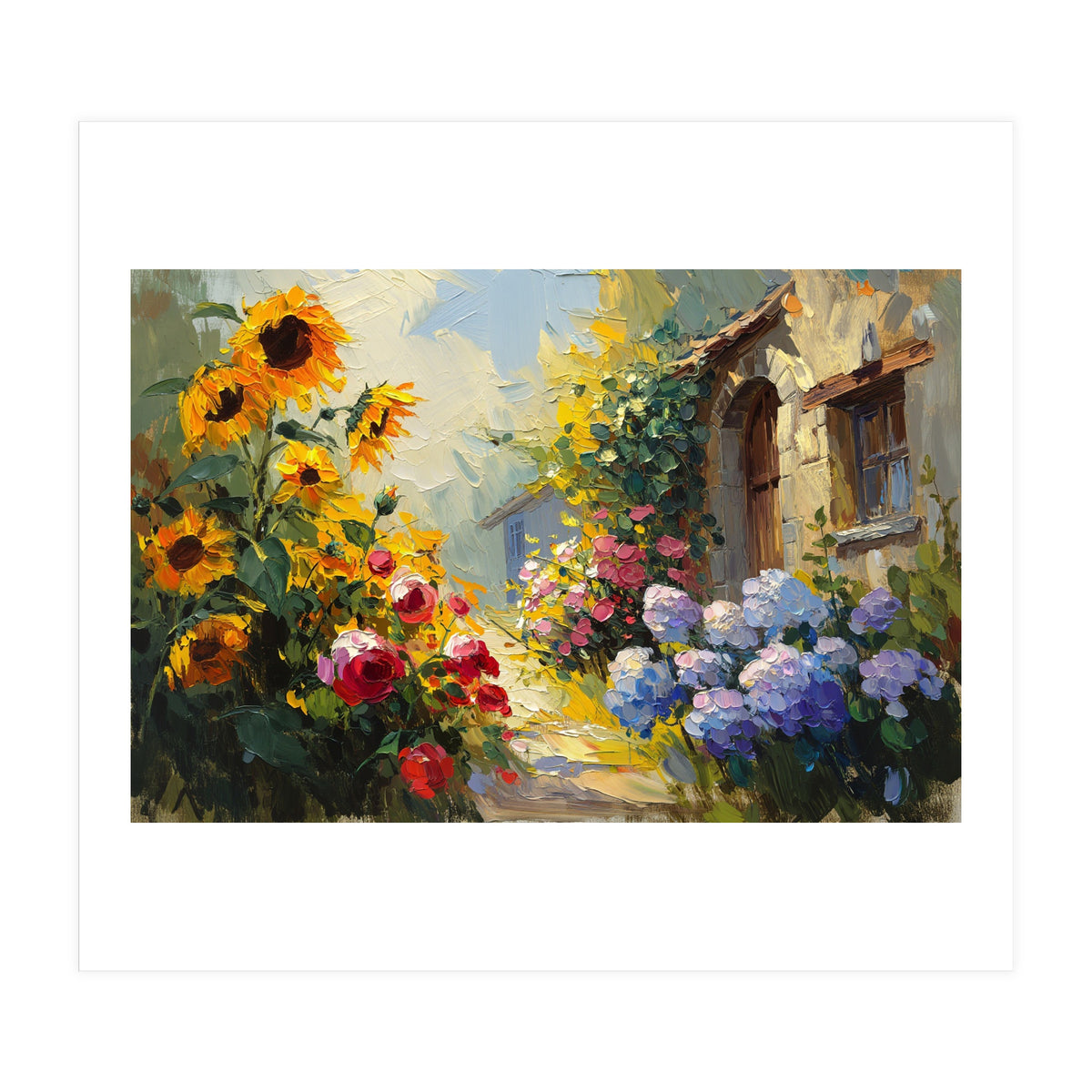 Vibrant Summer Cottage Garden Oil Painting (Print Only)