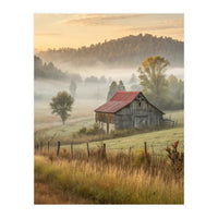 Rustic Red Roof Barn in Misty Morning Valley Landscape (Print Only)
