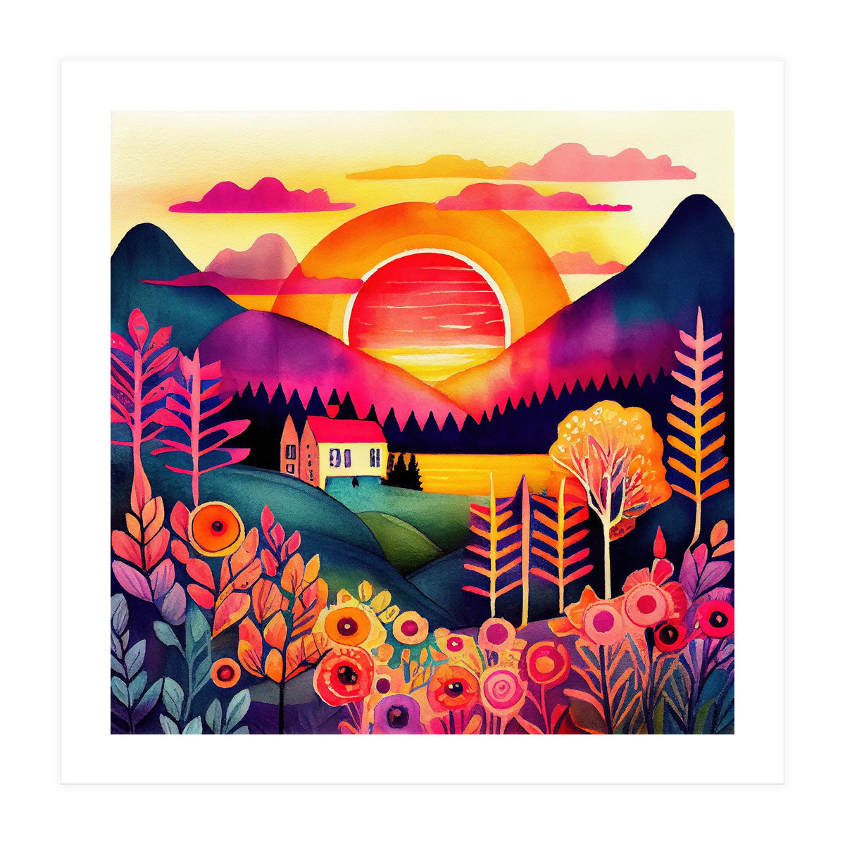 Folk Sunset Over Mountain Lake (Print Only)