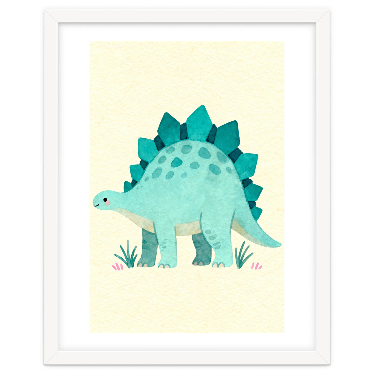 Teal Stegosaurus Watercolor Art, Cute Dinosaur Nursery Print, Whimsical Dino Illustration
