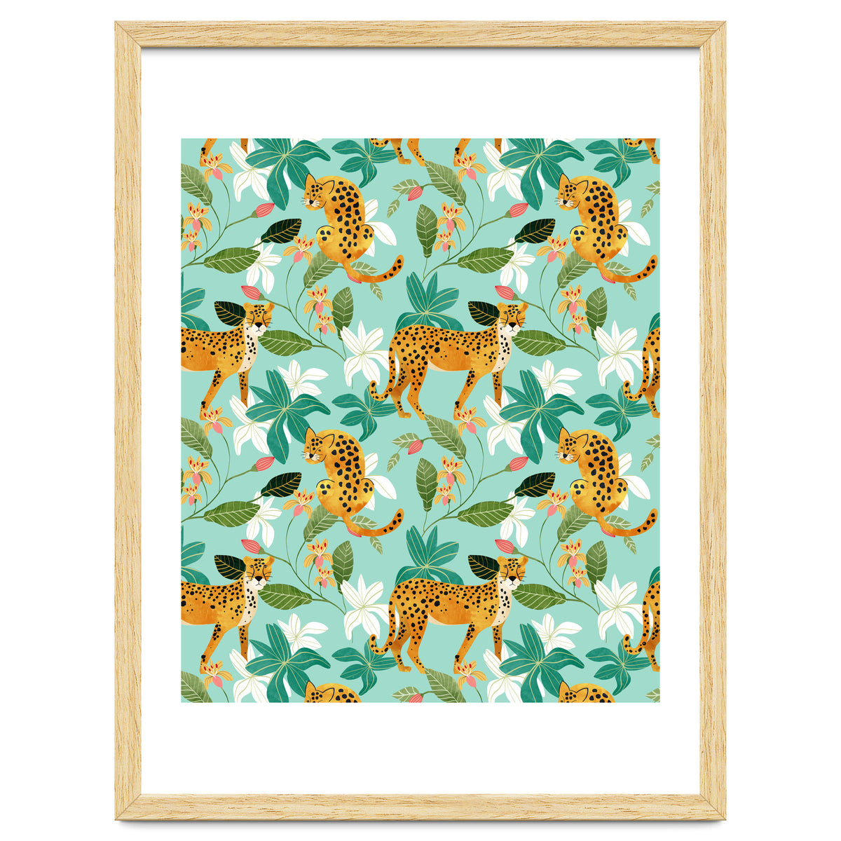 Cheetah Jungle, Wildlife Nature Wild Cats Tigers Leopard Botanical Animals Mint Quirky Illustration