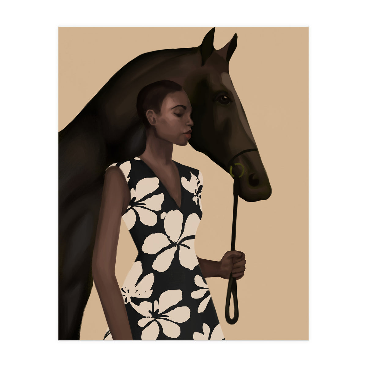 Woman In Bold Print With Black Horse (Print Only)