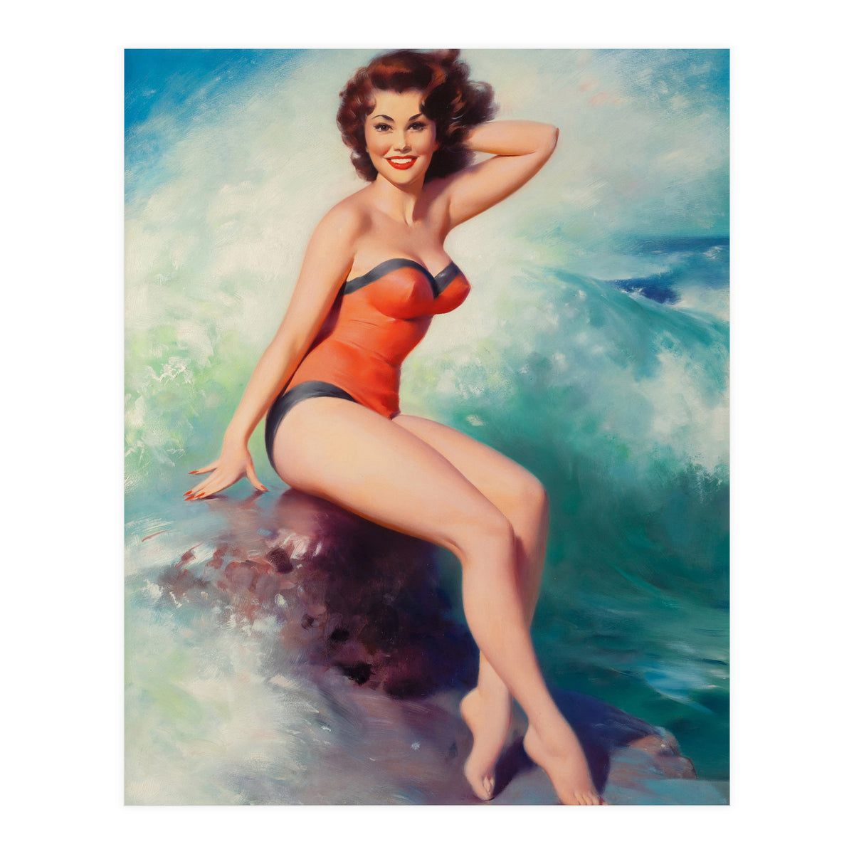 Pinup Girl Posing In Front Of Big Waves On The Beach (Print Only)