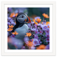 Puffin Bird Among Vibrant Purple And Orange Flowers