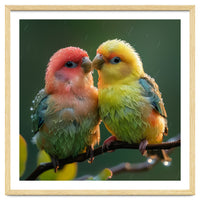 Two Lovebirds Perched On A Branch In Rain