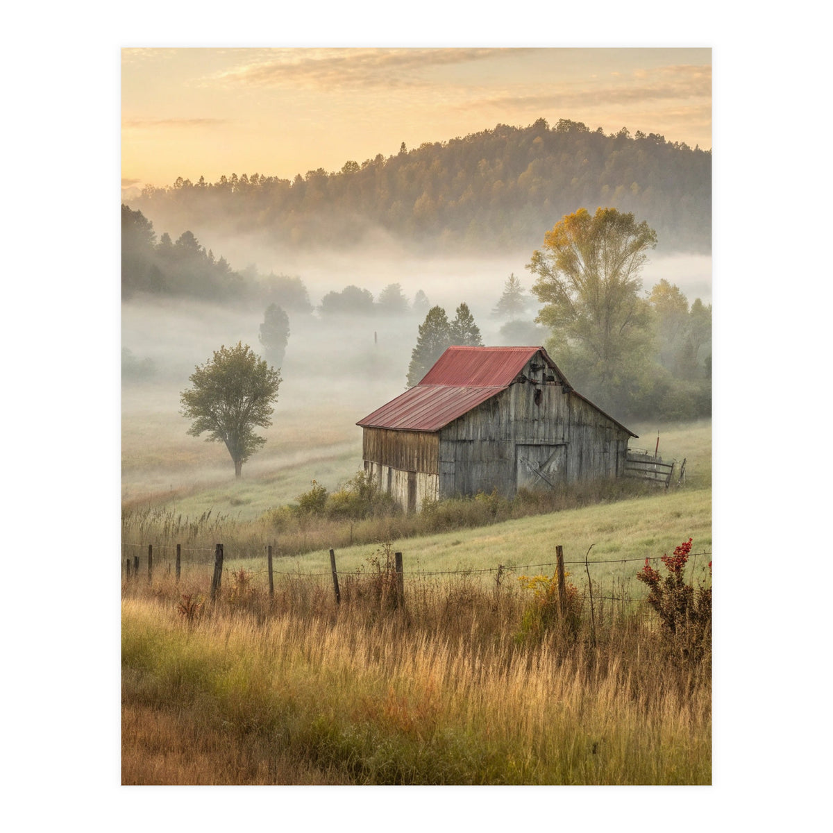Rustic Red Roof Barn in Misty Morning Valley Landscape (Print Only)