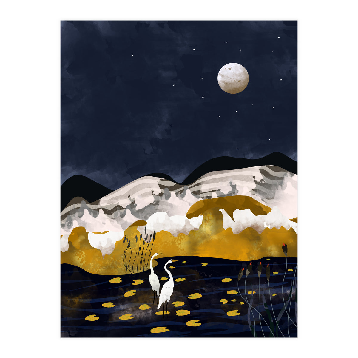 Midnight Lake, Stork Wildlife Animals Abstract Painting, Nature Landscape Travel Adventure Full Moon Night, Eclectic Gold Birds Magical Bohemian (Print Only)