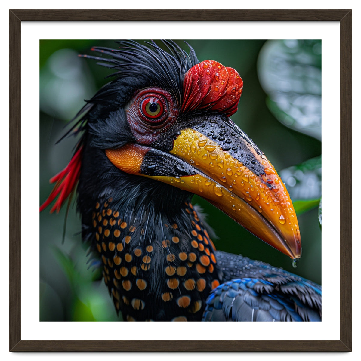 Close Up Of Helmeted Hornbill Bird In Rain
