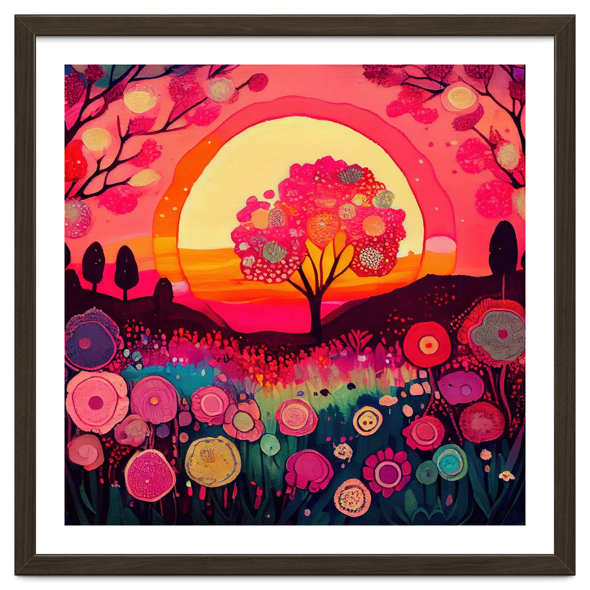 Folk Sunset Blossoming Tree