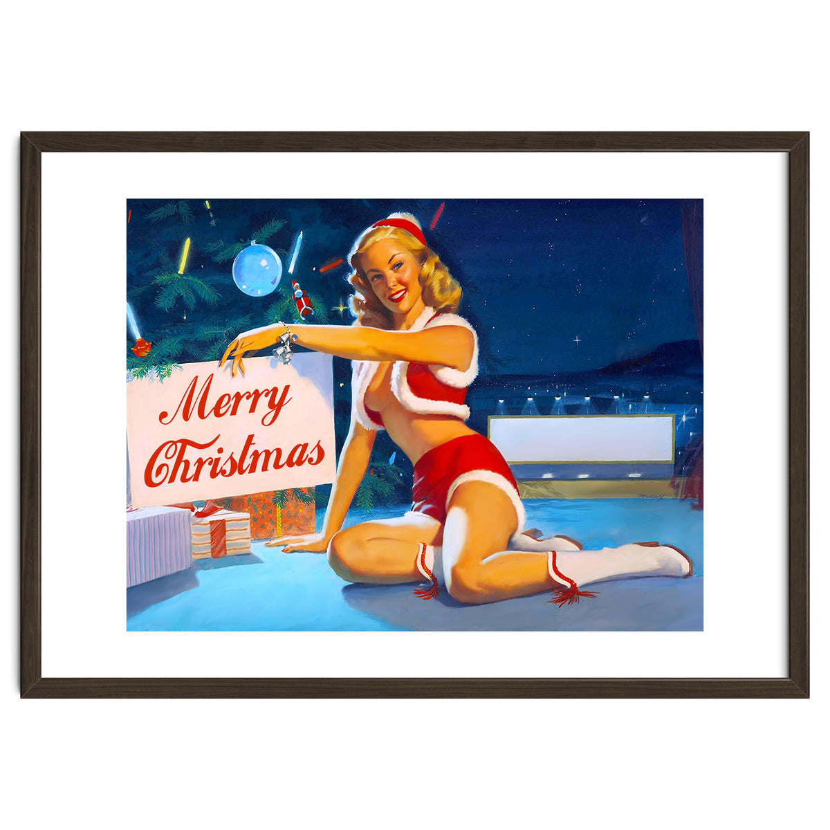 Pinup Girl In Santa Costume With Marry Christmas Sign