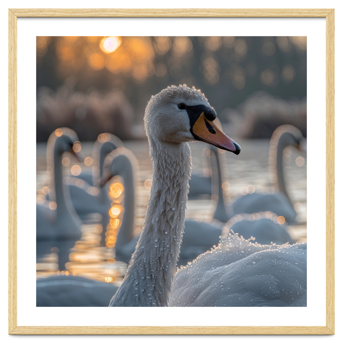 Close Up Of Swan With Water Droplets At Sunrise