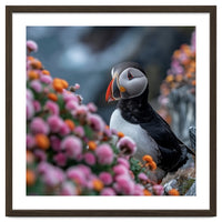 Puffin Bird Among Colorful Wildflowers In Bloom