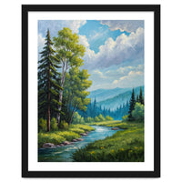 Serene Mountain River Landscape Oil Painting