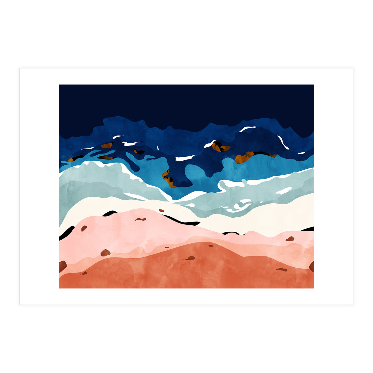 Ocean Heart, Abstract Sea Waves, Tropical Travel Watercolor Painting, Eclectic Bohemian Beach Nature (Print Only)